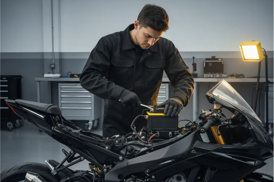 Técnico testando bateria de moto
